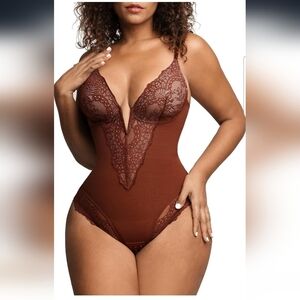 Popilush Dark Brown Corset V Neck Lace Shapewear Tummy Control Bodysuit Size XL